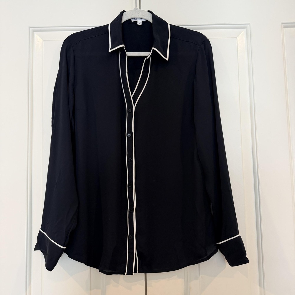 Express Portofino Shirt Womens L Black White Piping Slim Fit Button Up Blouse